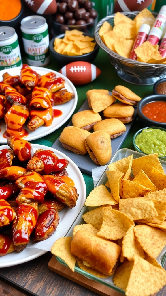 A game day appetizer spread with chicken wings, beef sliders, tortilla chips, guacamole, and salsa.